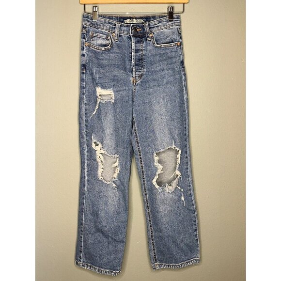 Wild Fable Women's 0 High Rise Straight Medium Wash Distressed Ripped Denim Jean - Picture 1 of 11